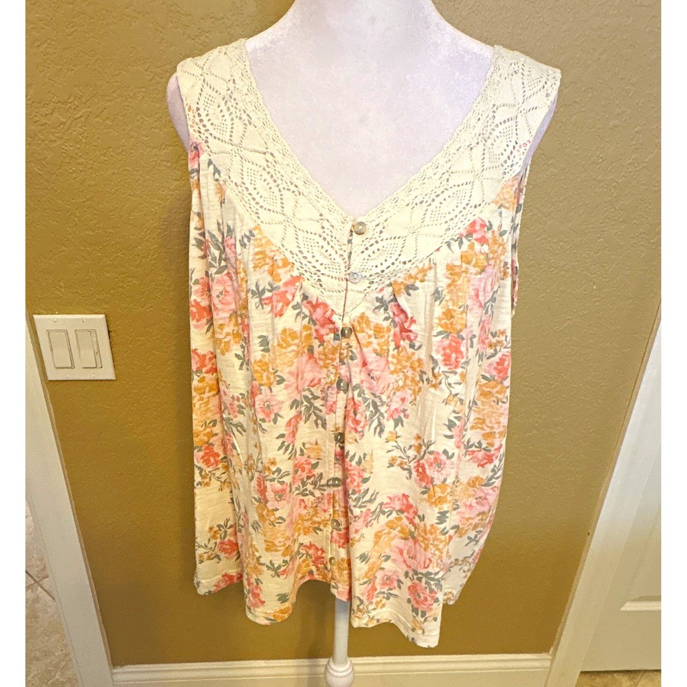 Lucky Brand Women's Floral Lace Yoke Button Front V-Neck Tank, Ivory, L